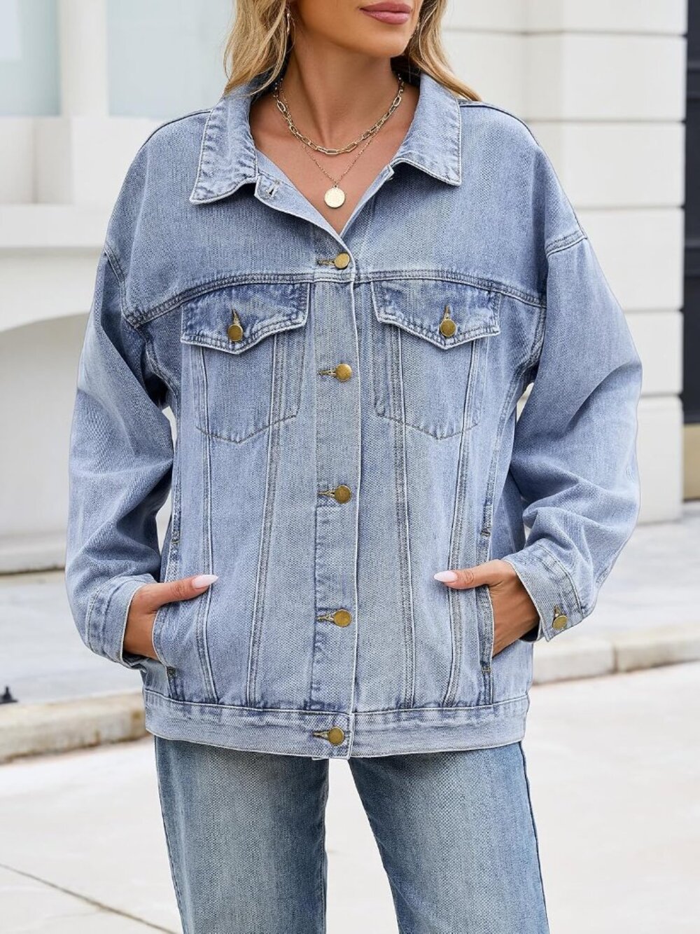 Women's Light Blue Oversized Button Down Pockets Imported Denim Jeans Jacket - Picture 5 of 7